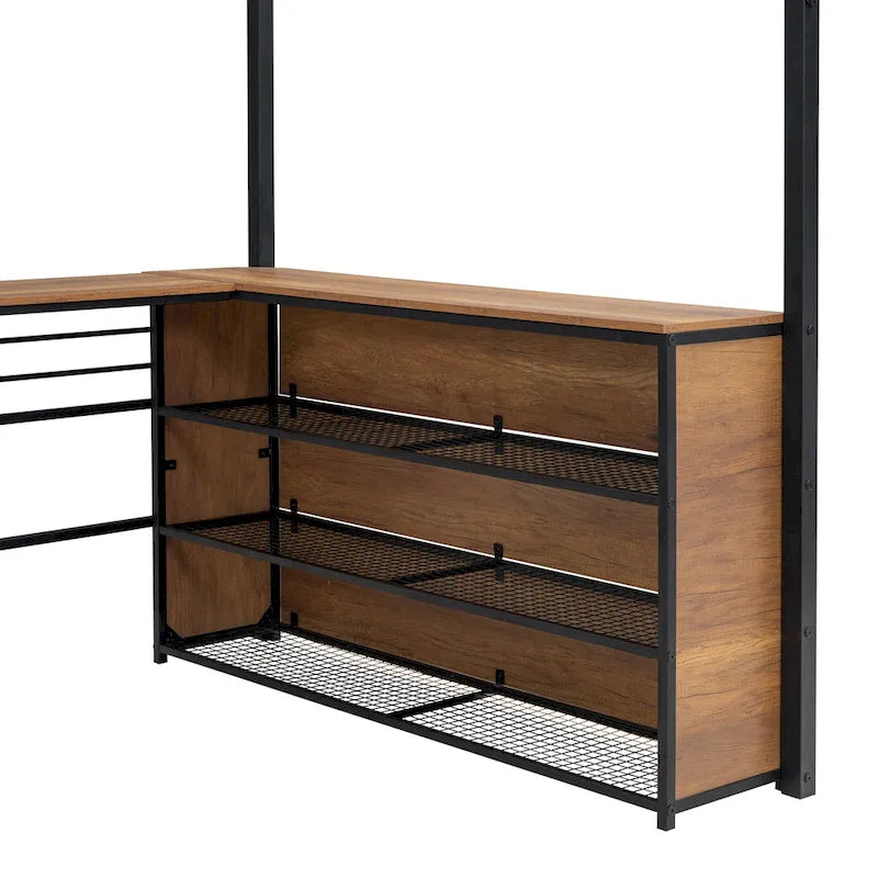 Cama alta de metal con escritorio en L debajo de la cama y 3 estantes de almacenamiento, cama alta con escalera móvil