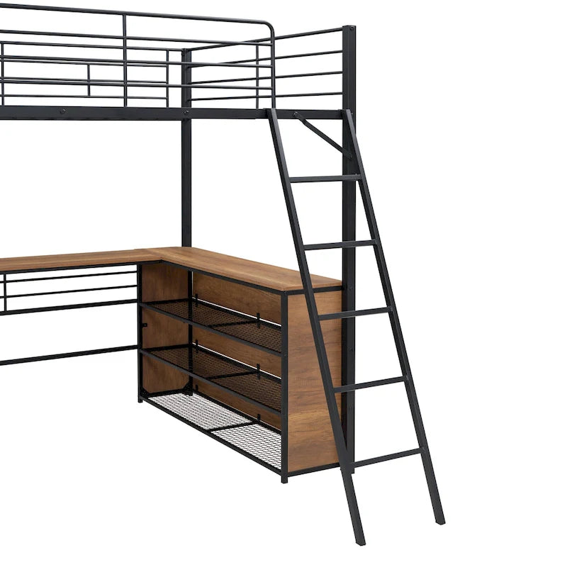 Cama alta de metal con escritorio en L debajo de la cama y 3 estantes de almacenamiento, cama alta con escalera móvil