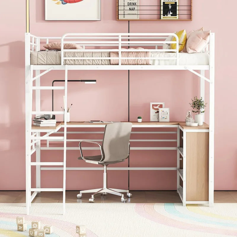 Cama alta de metal con escritorio en L debajo de la cama y 3 estantes de almacenamiento, cama alta con escalera móvil