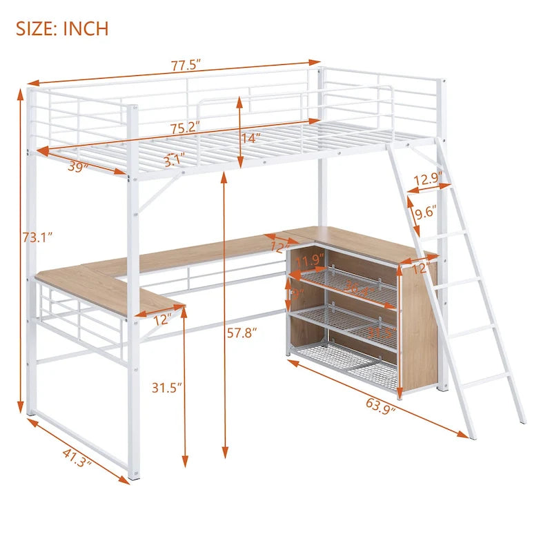 Cama alta de metal con escritorio en L debajo de la cama y 3 estantes de almacenamiento, cama alta con escalera móvil