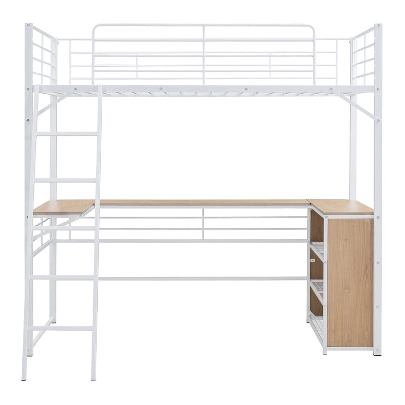 Cama alta de metal con escritorio en L debajo de la cama y 3 estantes de almacenamiento, cama alta con escalera móvil