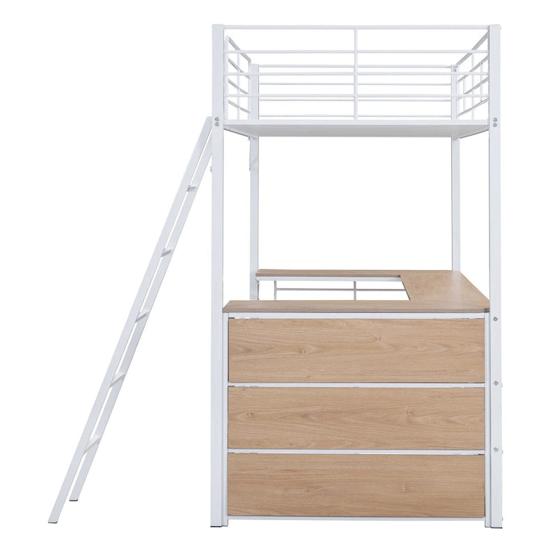 Cama alta de metal con escritorio en L debajo de la cama y 3 estantes de almacenamiento, cama alta con escalera móvil