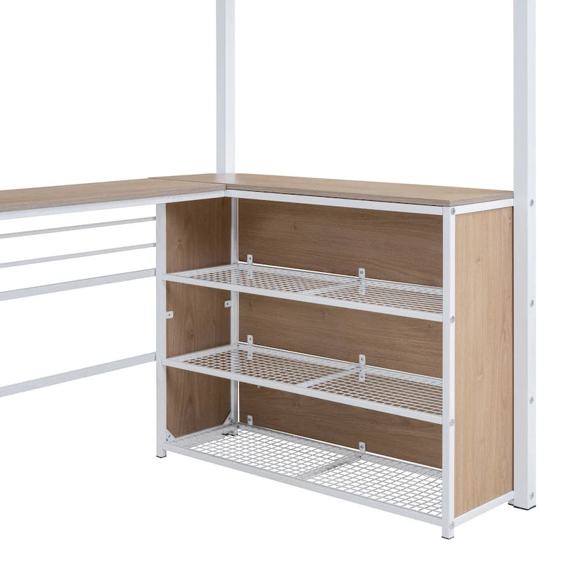 Cama alta de metal con escritorio en L debajo de la cama y 3 estantes de almacenamiento, cama alta con escalera móvil