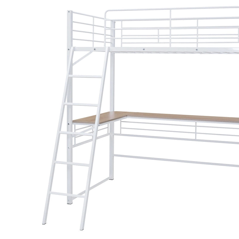 Cama alta de metal con escritorio en L debajo de la cama y 3 estantes de almacenamiento, cama alta con escalera móvil