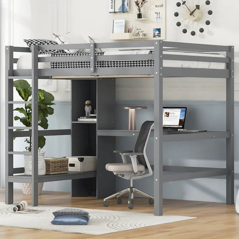 Wood Loft Bed w/Slats Support, Full Size Bed Frame with Multifunction Shelves, Full-length Guardrail and Under-bed Desk