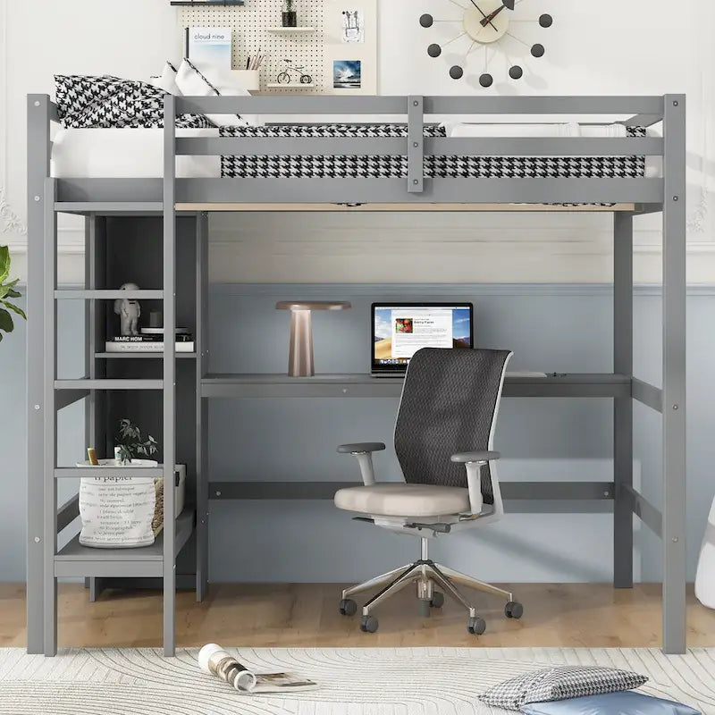 Wood Loft Bed w/Slats Support, Full Size Bed Frame with Multifunction Shelves, Full-length Guardrail and Under-bed Desk
