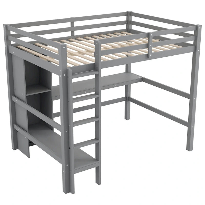 Lit mezzanine en bois avec sommier à lattes, cadre de lit 2 places avec étagères multifonctions, barrière de protection sur toute la longueur et bureau sous le lit