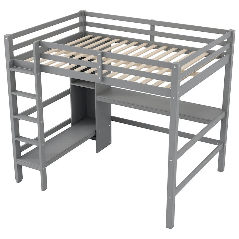 Lit mezzanine en bois avec sommier à lattes, cadre de lit 2 places avec étagères multifonctions, barrière de protection sur toute la longueur et bureau sous le lit