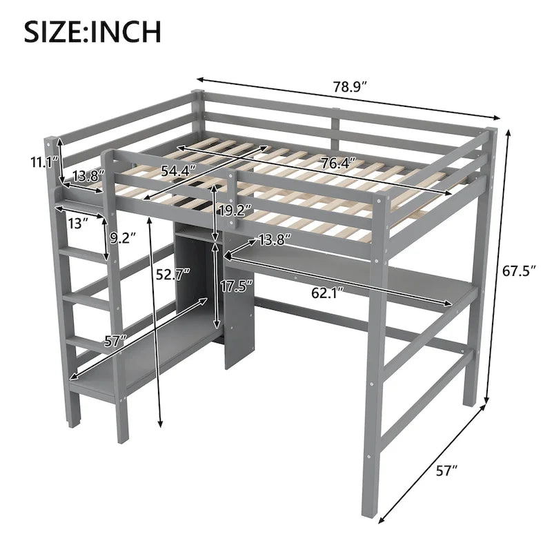 Lit mezzanine en bois avec sommier à lattes, cadre de lit 2 places avec étagères multifonctions, barrière de protection sur toute la longueur et bureau sous le lit