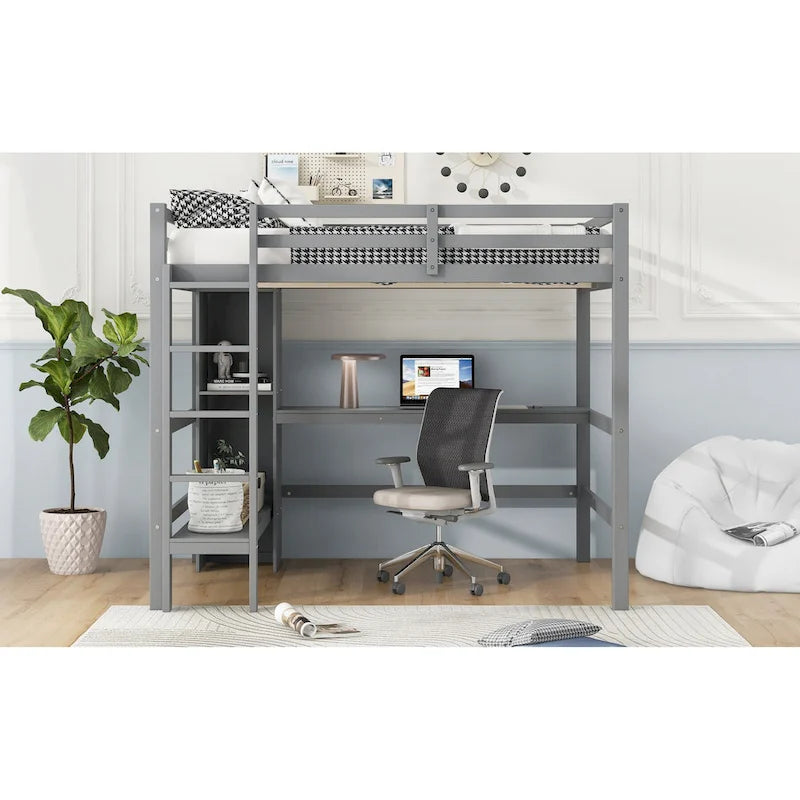 Lit mezzanine en bois avec sommier à lattes, cadre de lit 2 places avec étagères multifonctions, barrière de protection sur toute la longueur et bureau sous le lit