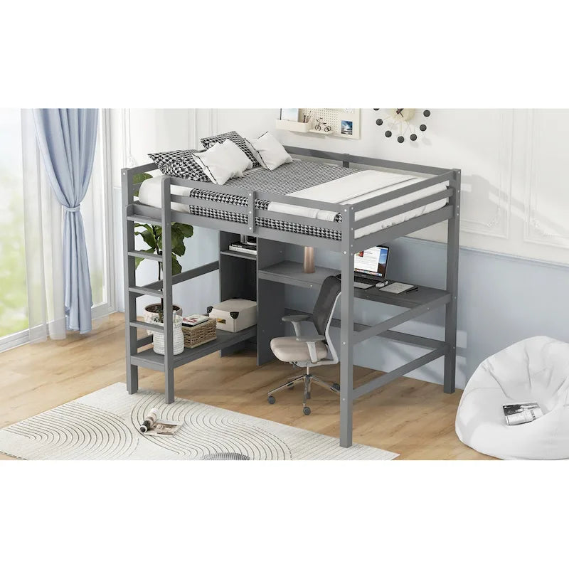 Lit mezzanine en bois avec sommier à lattes, cadre de lit 2 places avec étagères multifonctions, barrière de protection sur toute la longueur et bureau sous le lit