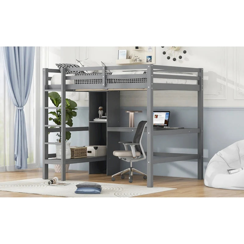 Lit mezzanine en bois avec sommier à lattes, cadre de lit 2 places avec étagères multifonctions, barrière de protection sur toute la longueur et bureau sous le lit