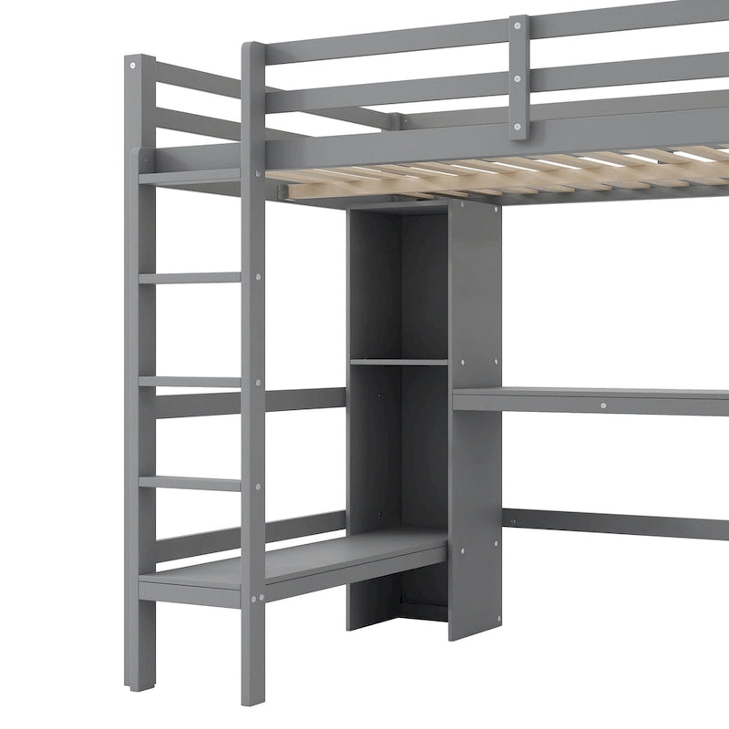 Lit mezzanine en bois avec sommier à lattes, cadre de lit 2 places avec étagères multifonctions, barrière de protection sur toute la longueur et bureau sous le lit