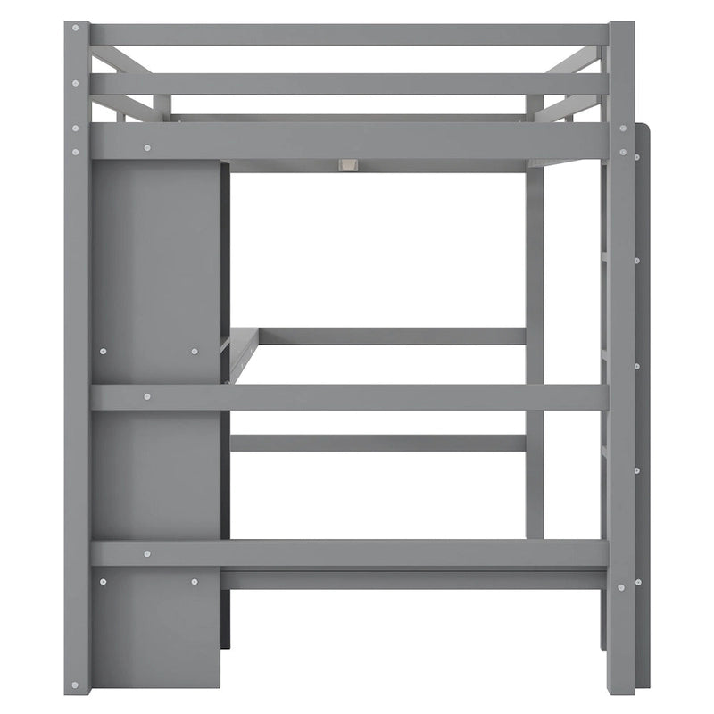 Lit mezzanine en bois avec sommier à lattes, cadre de lit 2 places avec étagères multifonctions, barrière de protection sur toute la longueur et bureau sous le lit