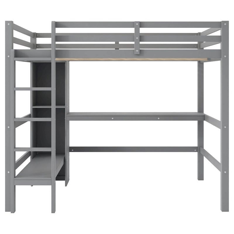 Lit mezzanine en bois avec sommier à lattes, cadre de lit 2 places avec étagères multifonctions, barrière de protection sur toute la longueur et bureau sous le lit