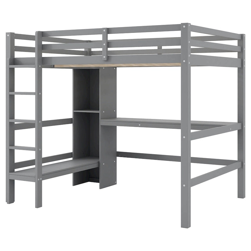 Lit mezzanine en bois avec sommier à lattes, cadre de lit 2 places avec étagères multifonctions, barrière de protection sur toute la longueur et bureau sous le lit