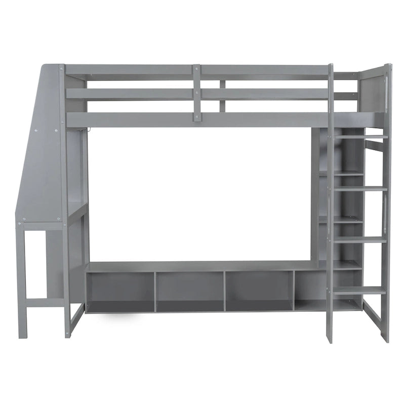 Teens Wood Gaming Loft Bed with Multi-Storage Shelves & Under-Bed Desk, Bedroom Bed Frame with LED & a Hanging Clothes Rack
