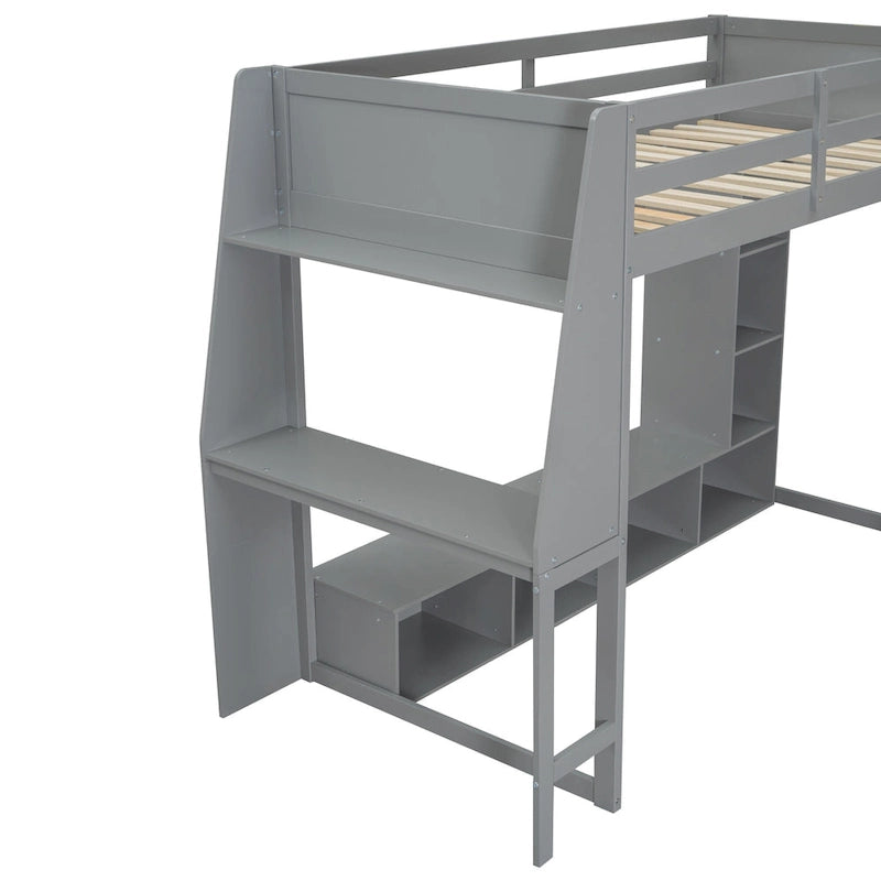 Teens Wood Gaming Loft Bed with Multi-Storage Shelves & Under-Bed Desk, Bedroom Bed Frame with LED & a Hanging Clothes Rack