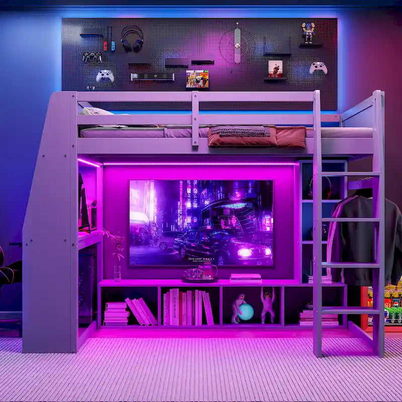 Teens Wood Gaming Loft Bed with Multi-Storage Shelves & Under-Bed Desk, Bedroom Bed Frame with LED & a Hanging Clothes Rack
