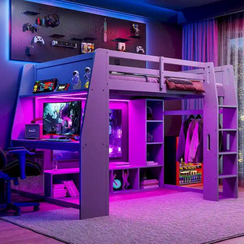 Teens Wood Gaming Loft Bed with Multi-Storage Shelves & Under-Bed Desk, Bedroom Bed Frame with LED & a Hanging Clothes Rack