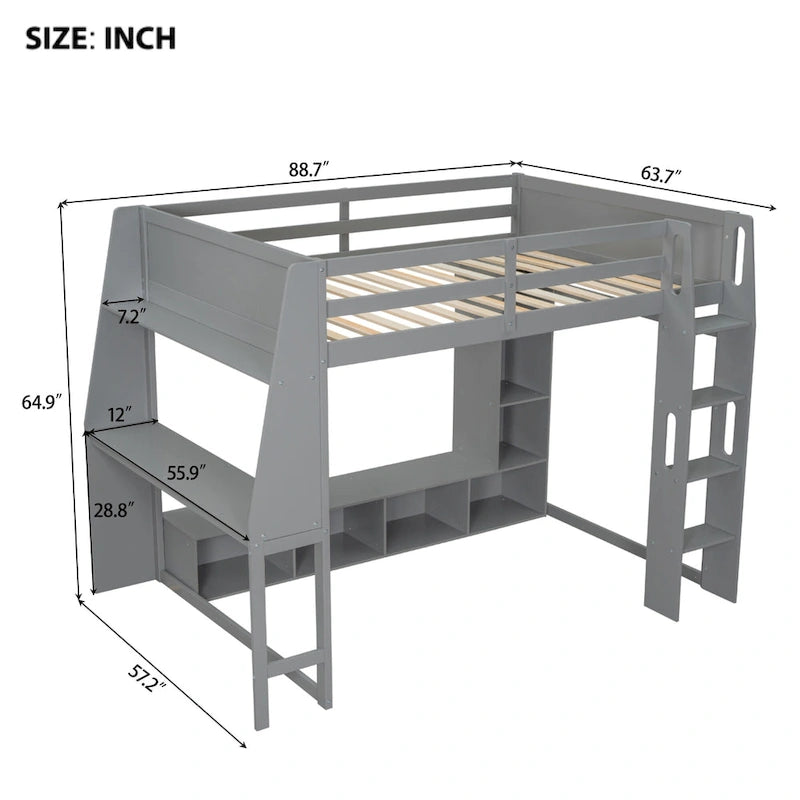 Teens Wood Gaming Loft Bed with Multi-Storage Shelves & Under-Bed Desk, Bedroom Bed Frame with LED & a Hanging Clothes Rack
