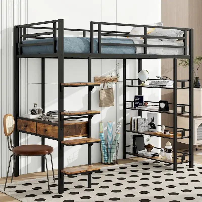 Metall-Hochbett in Twin-Größe mit Schreibtisch, Leiter, Gitter und Regalen für Kinder, Jungen und Mädchen, Schlafzimmer