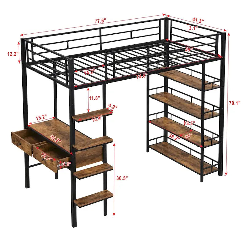 Twin Size Metal Loft bed with Desk, Ladder, Fence and Shelves for Kids, Boys and Girls, Bedroom