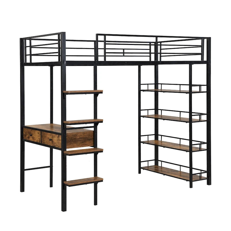Twin Size Metal Loft bed with Desk, Ladder, Fence and Shelves for Kids, Boys and Girls, Bedroom