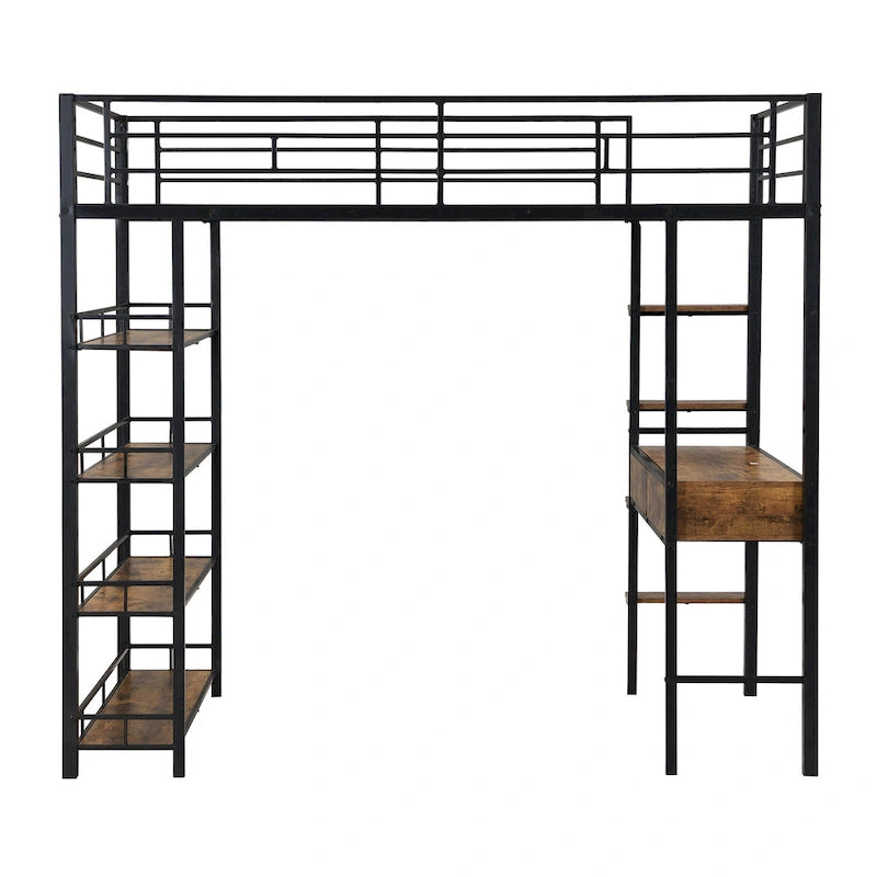 Twin Size Metal Loft bed with Desk, Ladder, Fence and Shelves for Kids, Boys and Girls, Bedroom