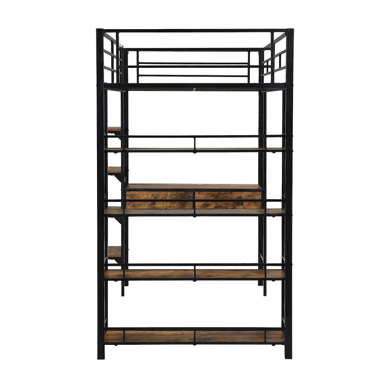 Twin Size Metal Loft bed with Desk, Ladder, Fence and Shelves for Kids, Boys and Girls, Bedroom