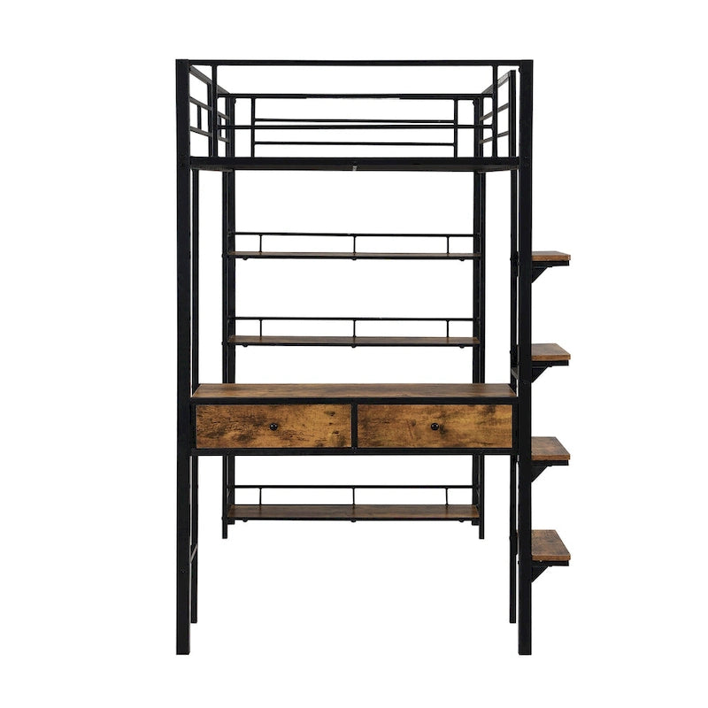 Twin Size Metal Loft bed with Desk, Ladder, Fence and Shelves for Kids, Boys and Girls, Bedroom