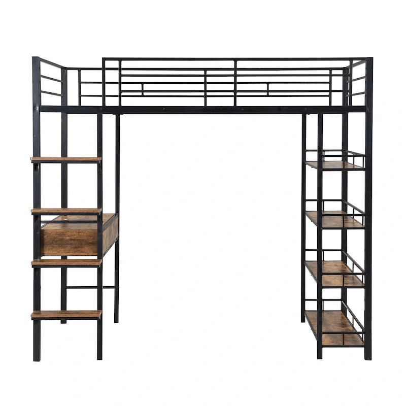 Metall-Hochbett in Twin-Größe mit Schreibtisch, Leiter, Gitter und Regalen für Kinder, Jungen und Mädchen, Schlafzimmer