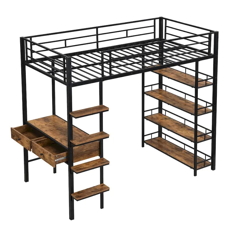 Metall-Hochbett in Twin-Größe mit Schreibtisch, Leiter, Gitter und Regalen für Kinder, Jungen und Mädchen, Schlafzimmer