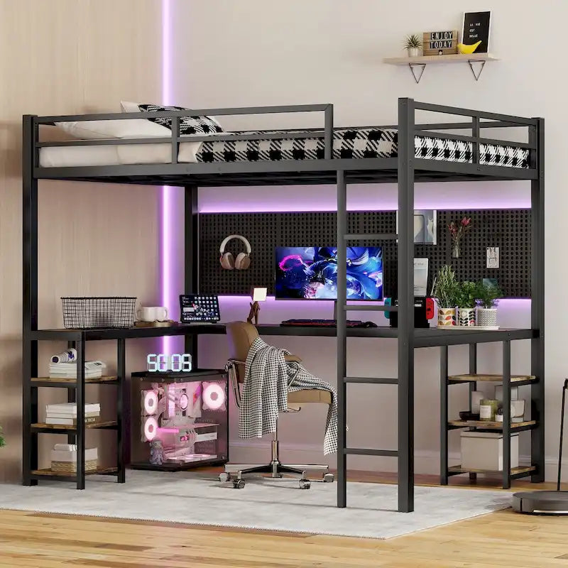 Full XL Size Metal Size Loft Bed with Desk and Shelves, Loft Bed with Ladder and Guardrails, Loft Bed Frame for Bedroom