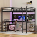 Full XL Size Metal Size Loft Bed with Desk and Shelves, Loft Bed with Ladder and Guardrails, Loft Bed Frame for Bedroom