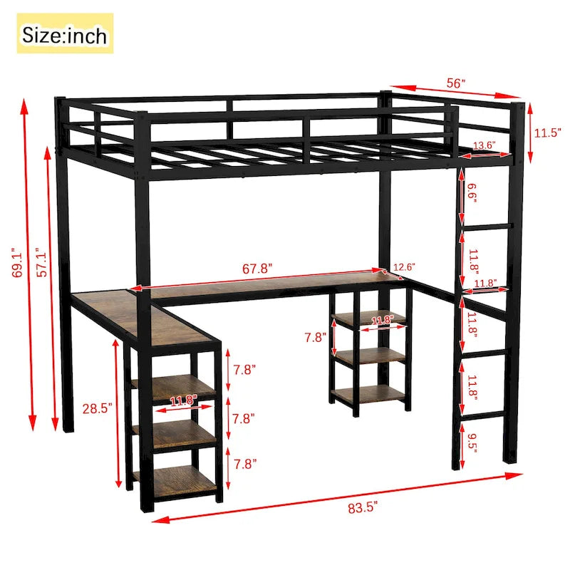Full XL Size Metal Size Loft Bed with Desk and Shelves, Loft Bed with Ladder and Guardrails, Loft Bed Frame for Bedroom