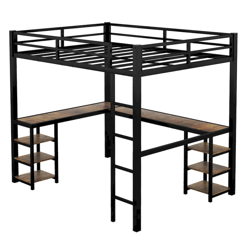 Full XL Size Metal Size Loft Bed with Desk and Shelves, Loft Bed with Ladder and Guardrails, Loft Bed Frame for Bedroom