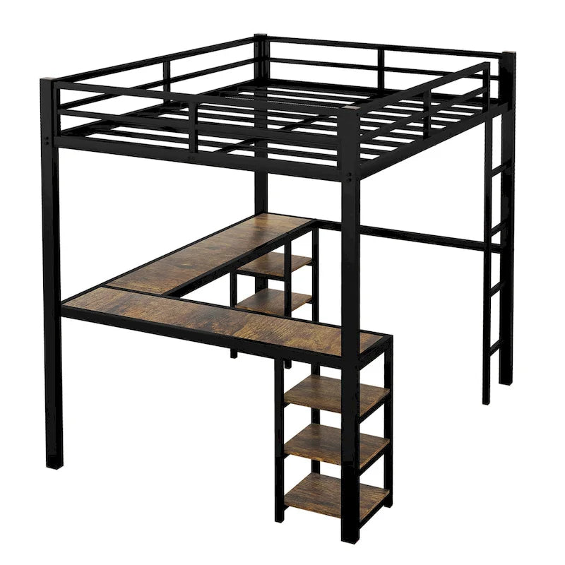 Full XL Size Metal Size Loft Bed with Desk and Shelves, Loft Bed with Ladder and Guardrails, Loft Bed Frame for Bedroom