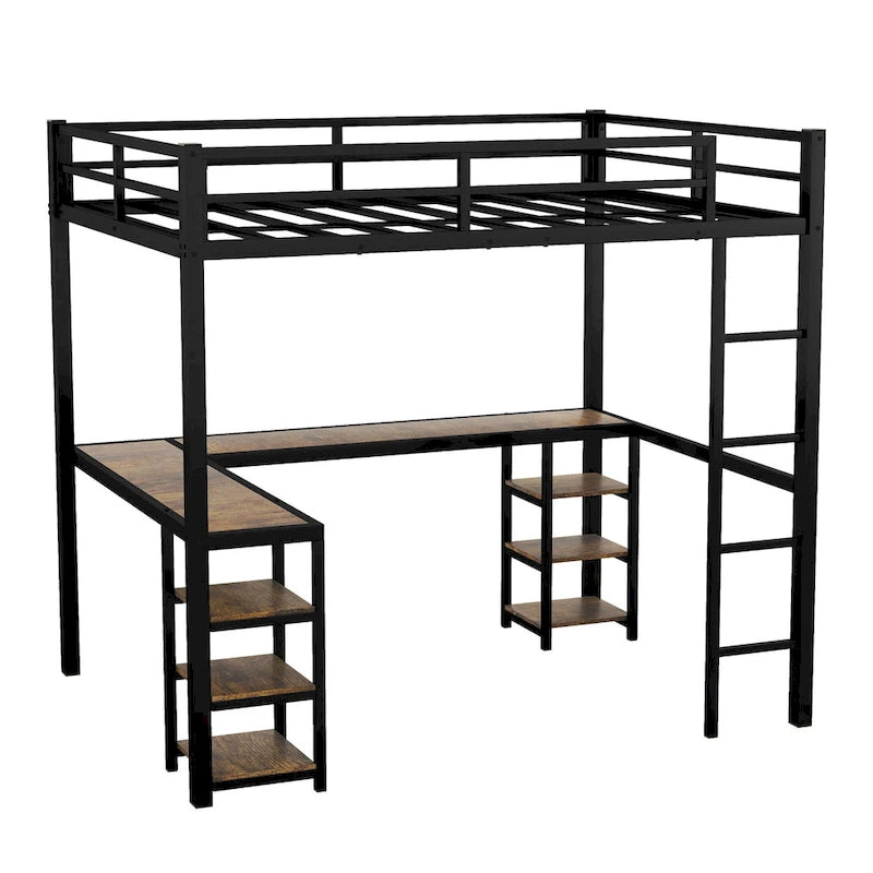 Full XL Size Metal Size Loft Bed with Desk and Shelves, Loft Bed with Ladder and Guardrails, Loft Bed Frame for Bedroom
