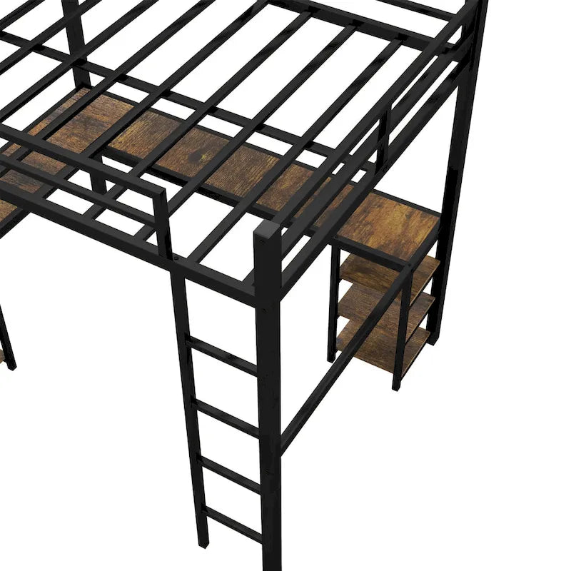 Full XL Size Metal Size Loft Bed with Desk and Shelves, Loft Bed with Ladder and Guardrails, Loft Bed Frame for Bedroom