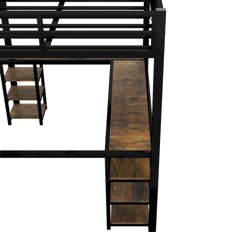 Full XL Size Metal Size Loft Bed with Desk and Shelves, Loft Bed with Ladder and Guardrails, Loft Bed Frame for Bedroom
