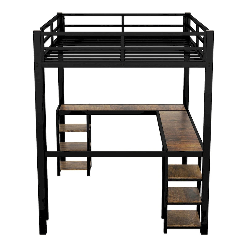 Full XL Size Metal Size Loft Bed with Desk and Shelves, Loft Bed with Ladder and Guardrails, Loft Bed Frame for Bedroom