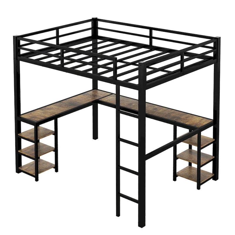 Full XL Size Metal Size Loft Bed with Desk and Shelves, Loft Bed with Ladder and Guardrails, Loft Bed Frame for Bedroom