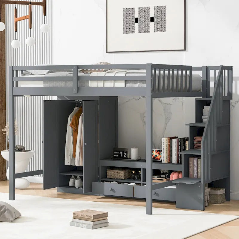 Full Size Solid Wood Loft Bed Frame with Wardrobe, Low Storage Table and Storage Staircase