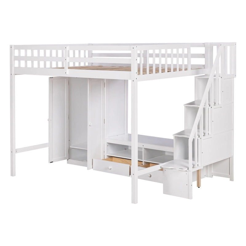 Full Size Solid Wood Loft Bed Frame with Wardrobe, Low Storage Table and Storage Staircase