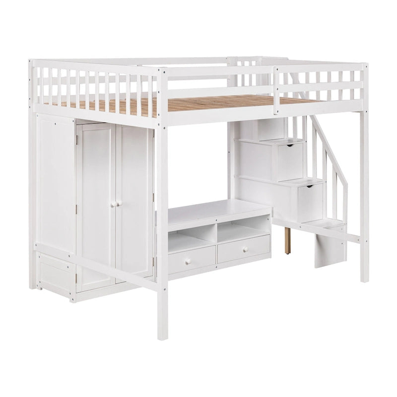 Full Size Solid Wood Loft Bed Frame with Wardrobe, Low Storage Table and Storage Staircase