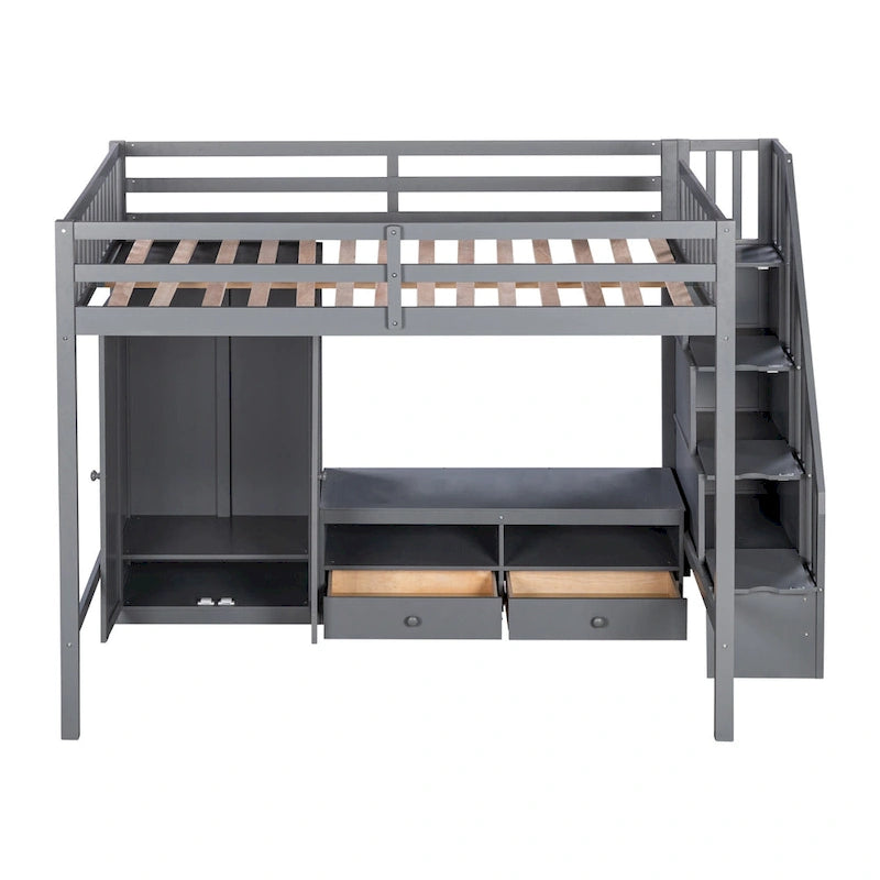 Full Size Solid Wood Loft Bed Frame with Wardrobe, Low Storage Table and Storage Staircase