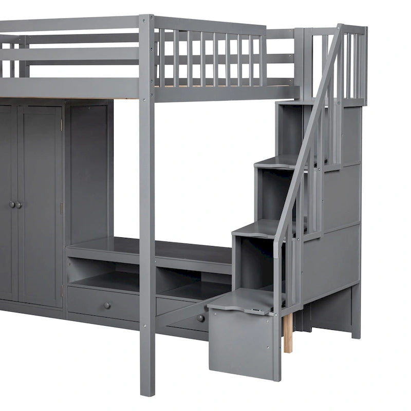 Full Size Solid Wood Loft Bed Frame with Wardrobe, Low Storage Table and Storage Staircase