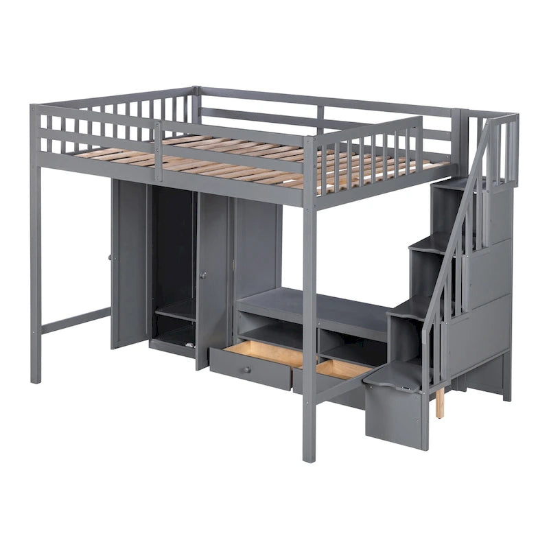 Full Size Solid Wood Loft Bed Frame with Wardrobe, Low Storage Table and Storage Staircase