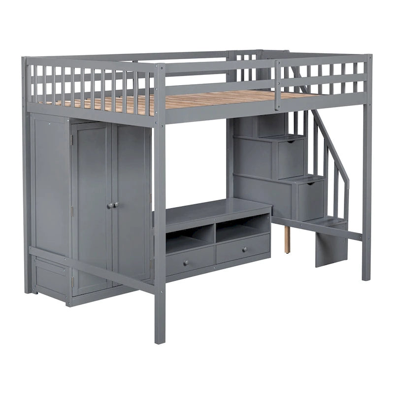 Full Size Solid Wood Loft Bed Frame with Wardrobe, Low Storage Table and Storage Staircase